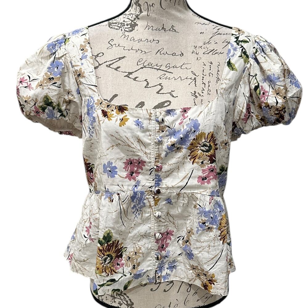 Anthropologie Floral Puff Sleeve Blouse - Cream and Multicolor - Picture 8 of 9